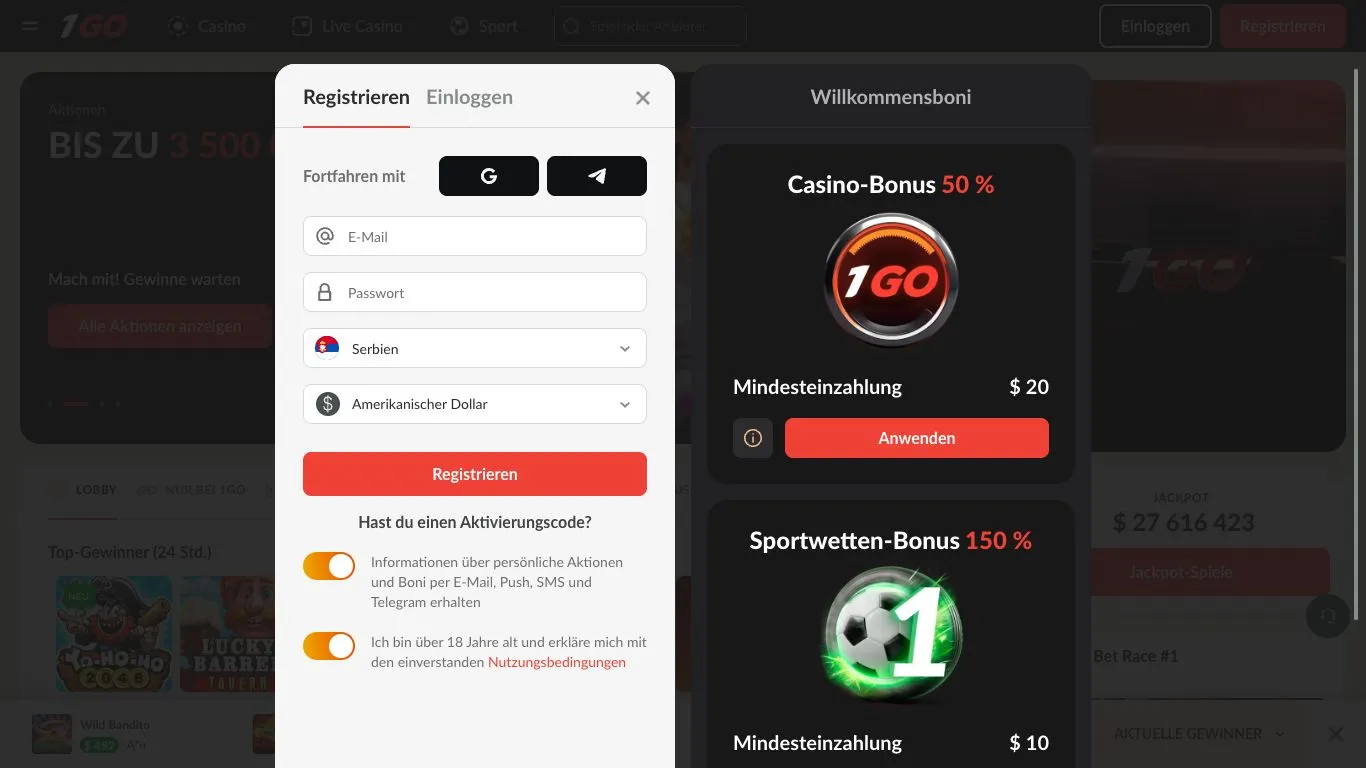 1Go Casino Startseite