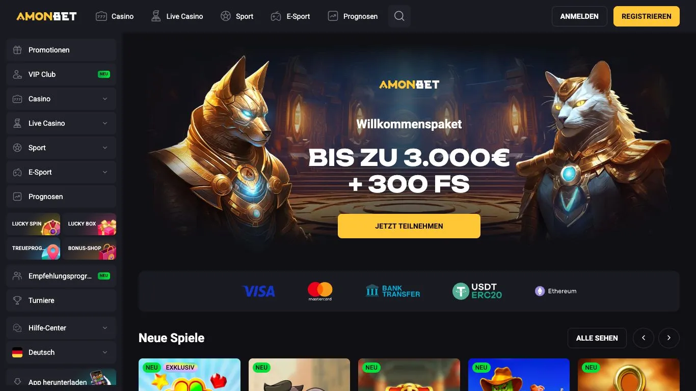 Amonbet Casino Menü mit Kategorie Megaways