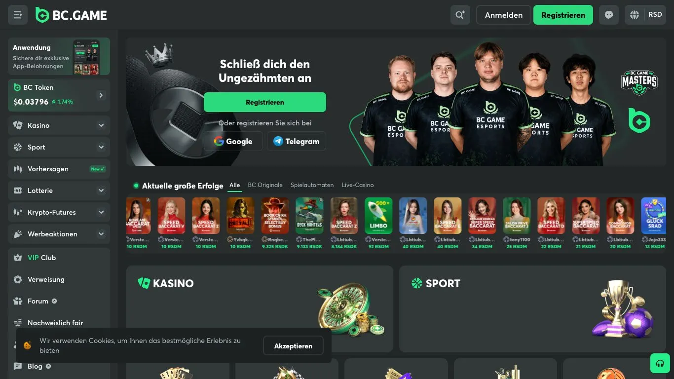 Screenshot der Website von BC.Game