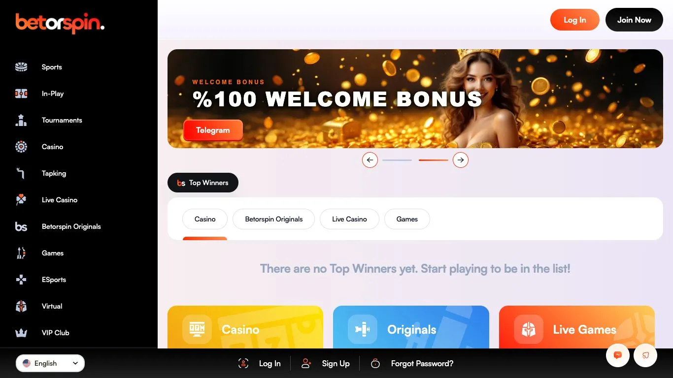 BetorSpin Startseite mit Quests, Shop und Loot Boxes