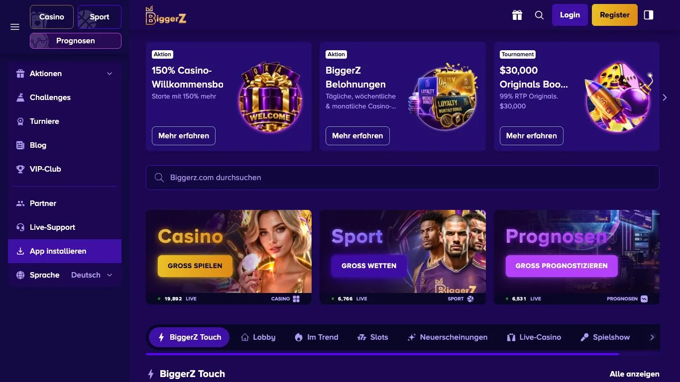 Screenshot der Website von BiggerZ (Bigger Casino)