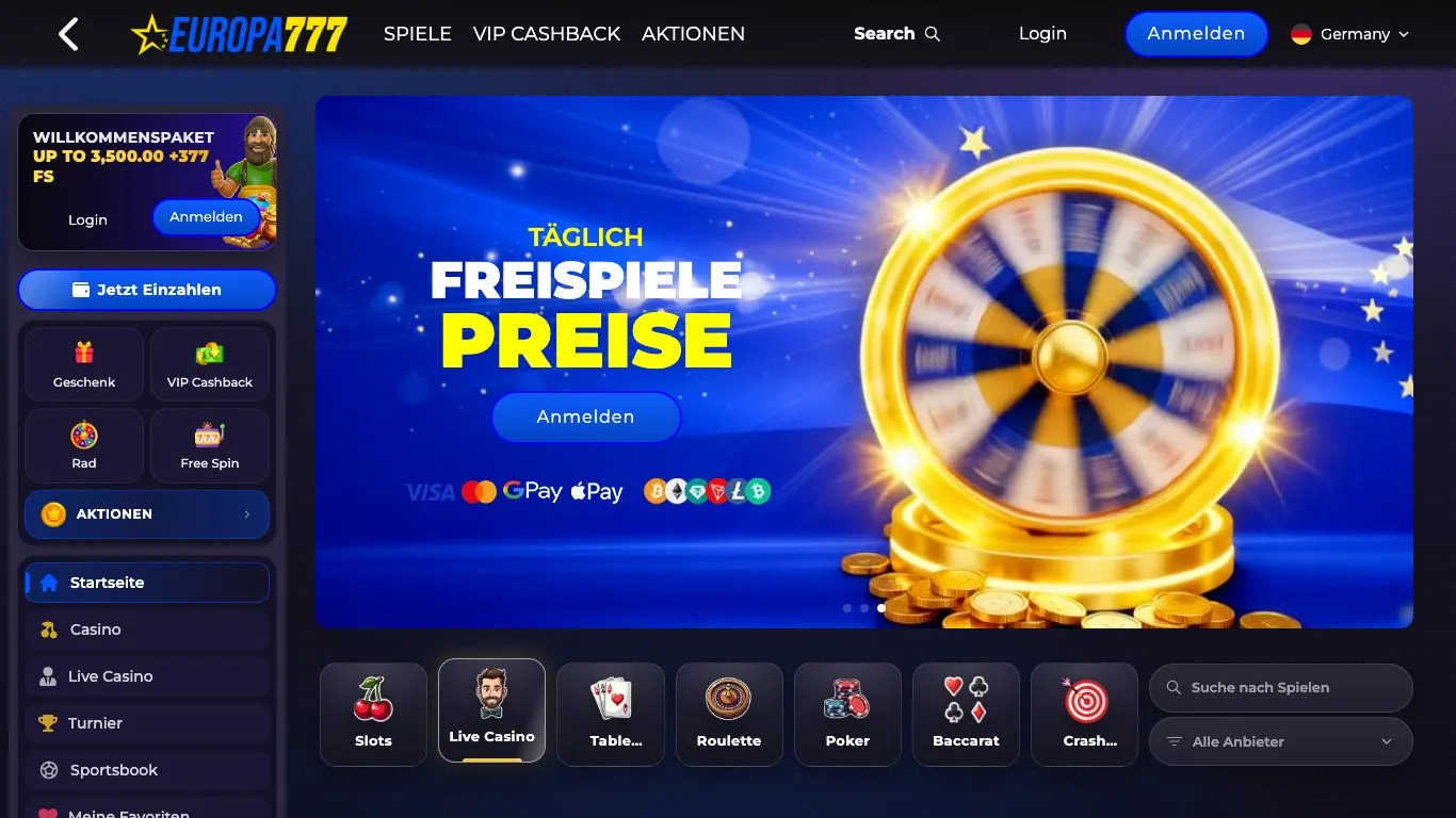 Screenshot der Website von Europa777