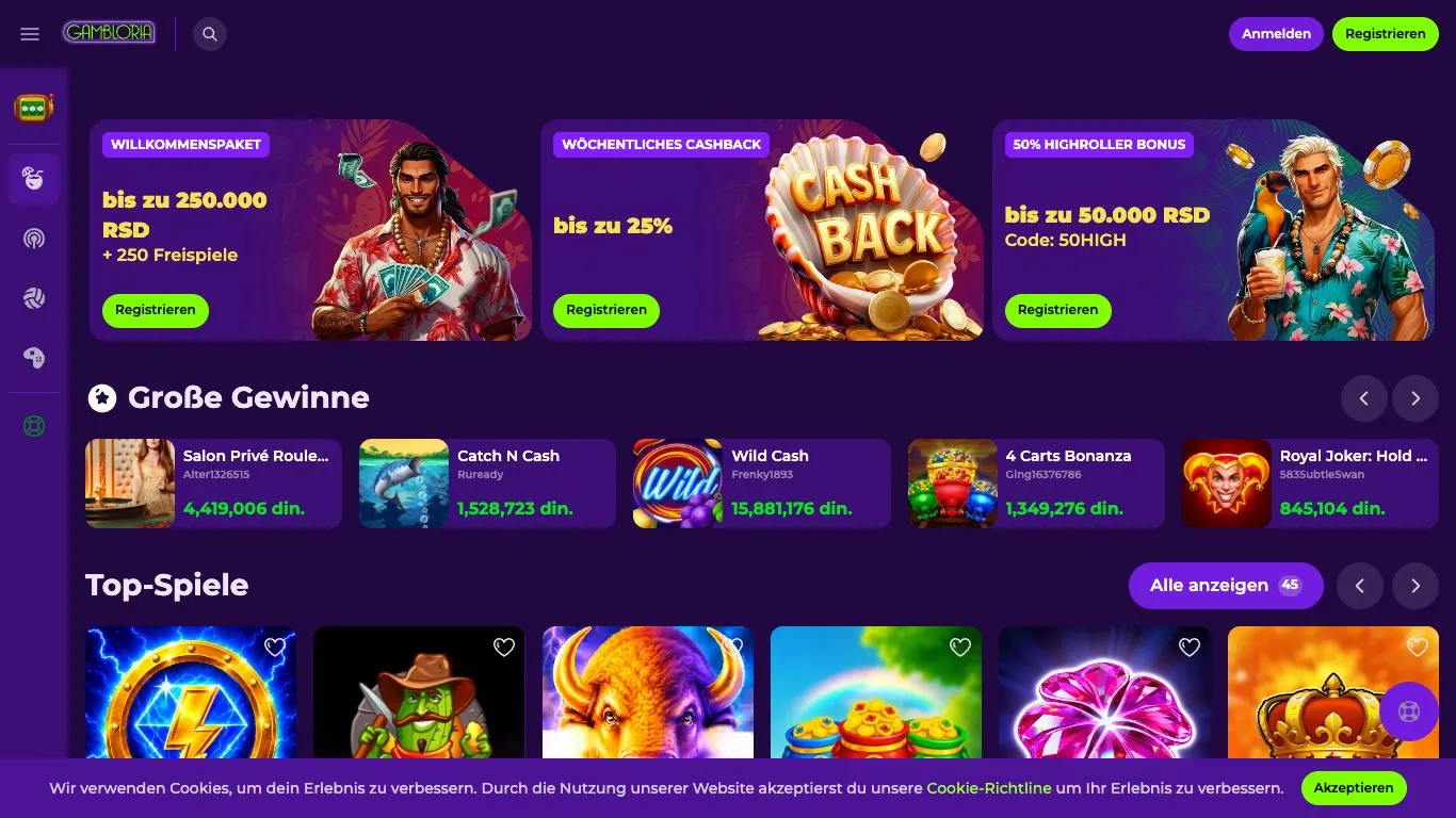 Screenshot der Website von Gambloria