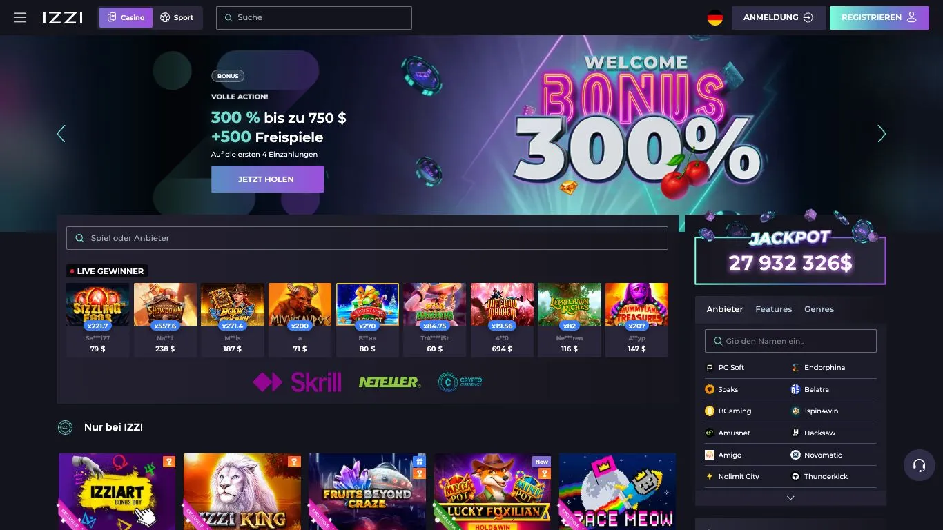 Screenshot der Website von Izzi Casino