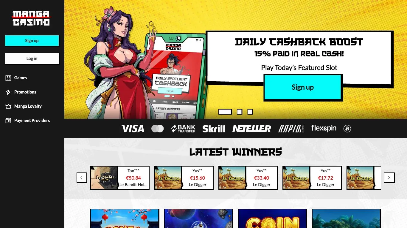 Screenshot der Website von Manga Casino