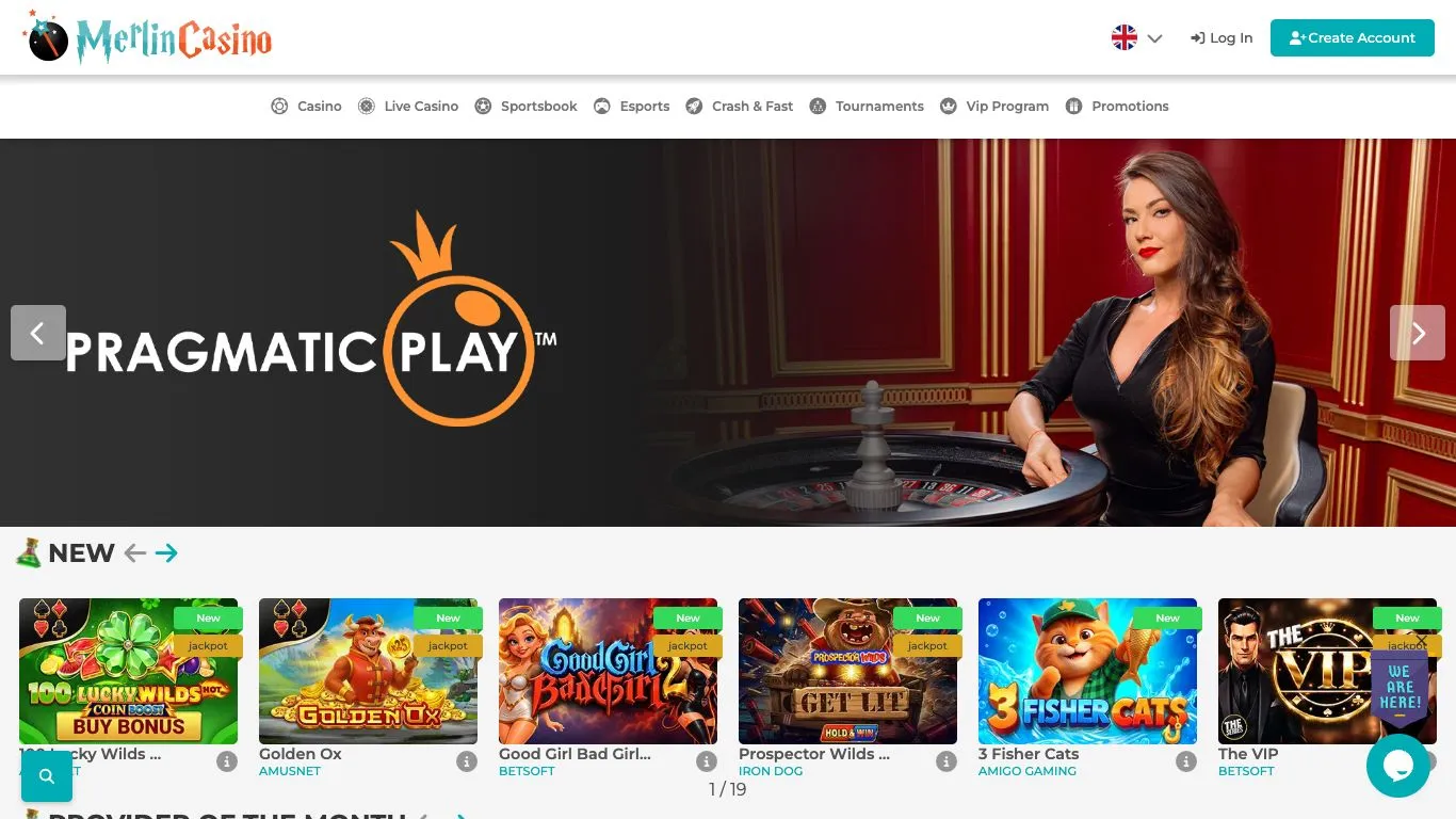 Screenshot der Website von Merlin Casino