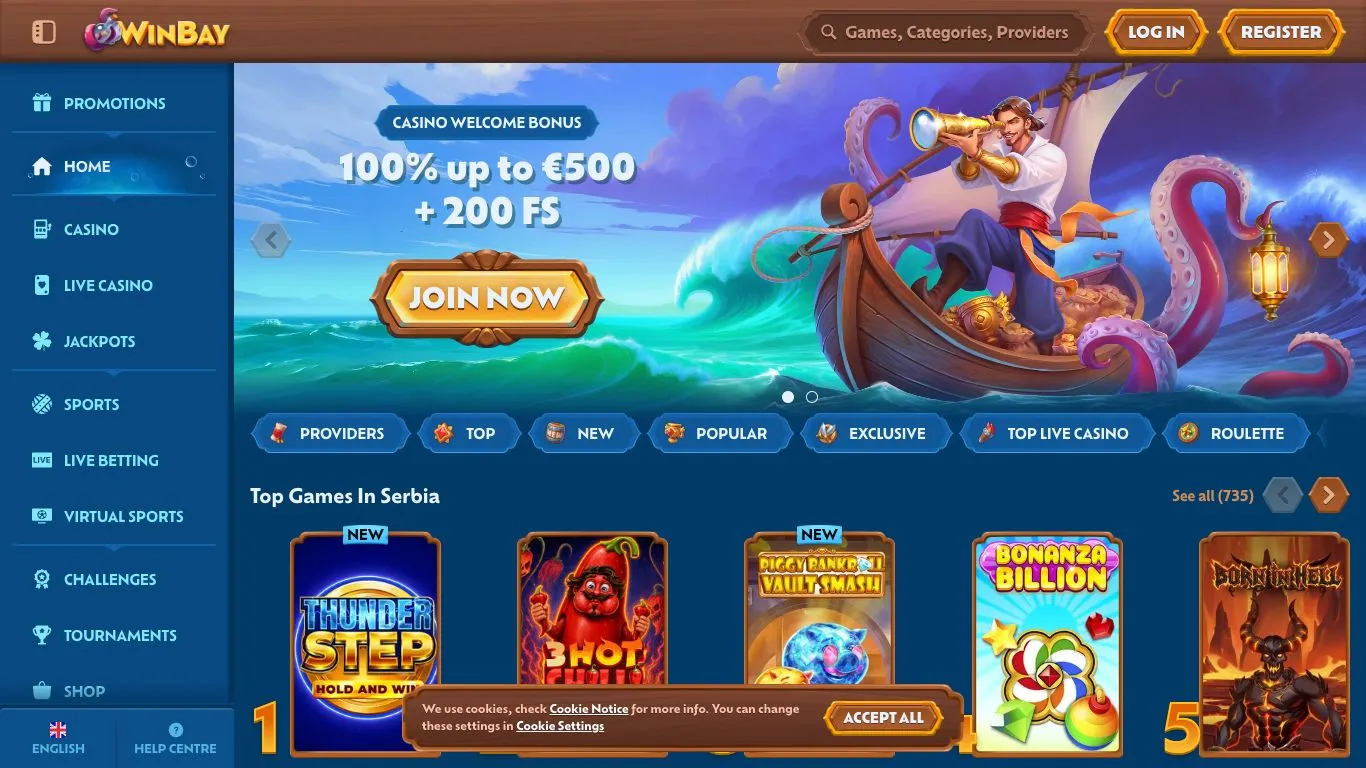 Winbay Casino Lobby mit neuen Slots wie Thunder Step 2