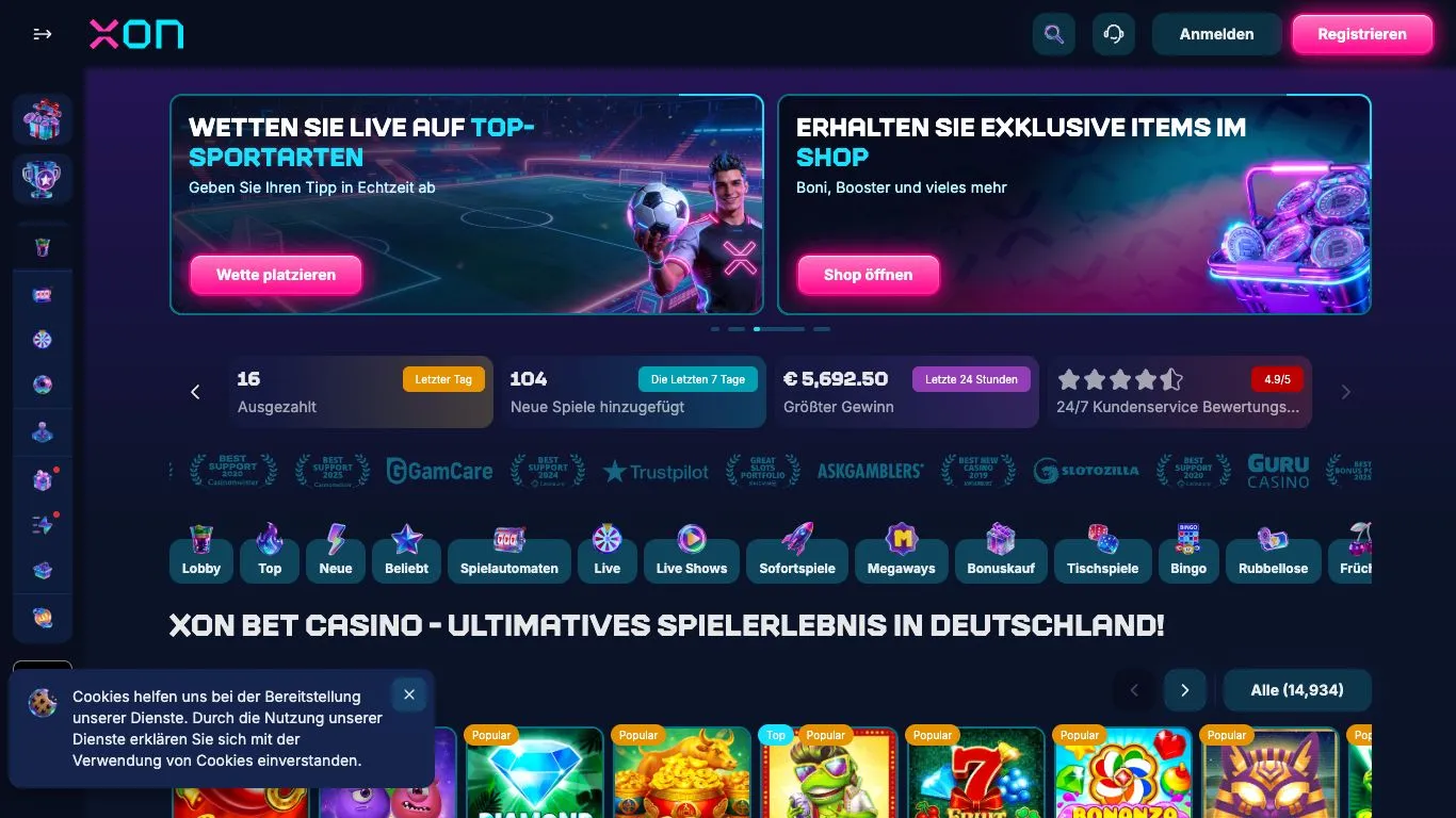 Xon Bet Casino Startseite mit 500% Bonus und Cashback
