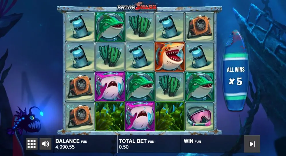 Razor Shark Freispiele: Walzen 2 und 4 mit Mystery Stacks gefüllt