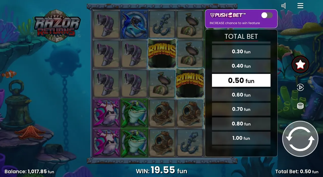 Razor Returns Einsatzmenü mit Push Bet Schalter