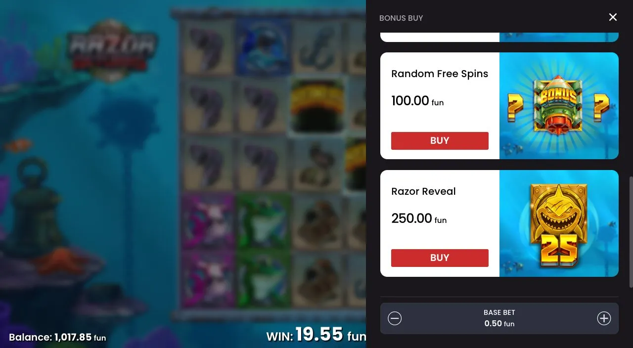 Razor Returns Bonus Buy: Random Free Spins für 100 und Razor Reveal für 250