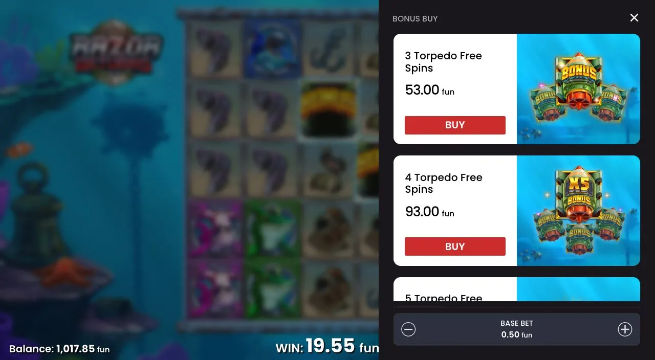 Razor Returns Bonus Buy Menü: 3 Torpedo Free Spins für 53 und 4 Torpedo Free Spins für 93