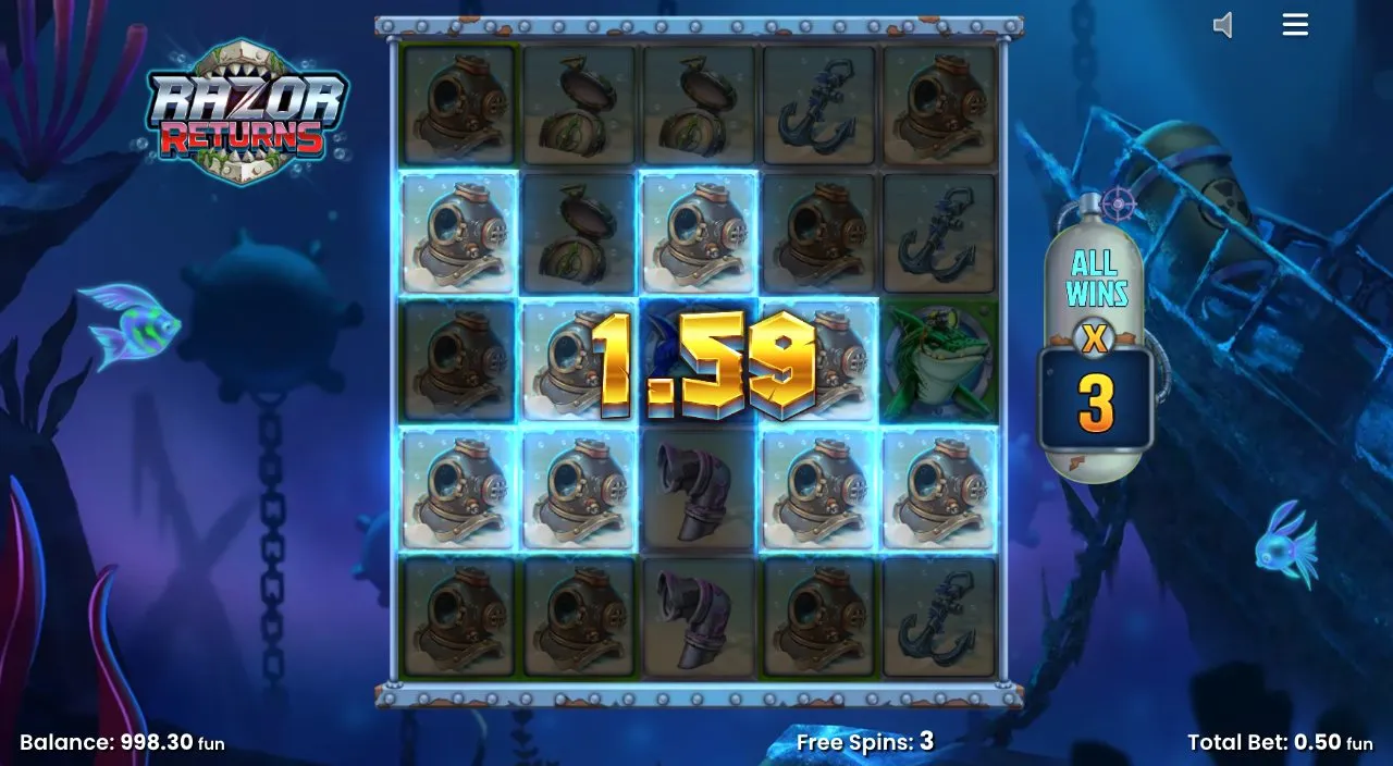 Razor Returns Freispiele mit Gewinn von 1,59 und Multiplikator 3x