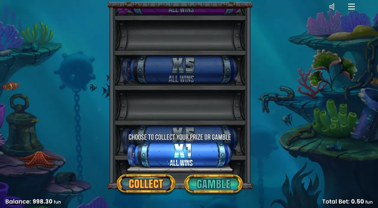 Razor Returns Gamble-Leiter mit x1, x5, x10 und x25 All Wins sowie Collect und Gamble