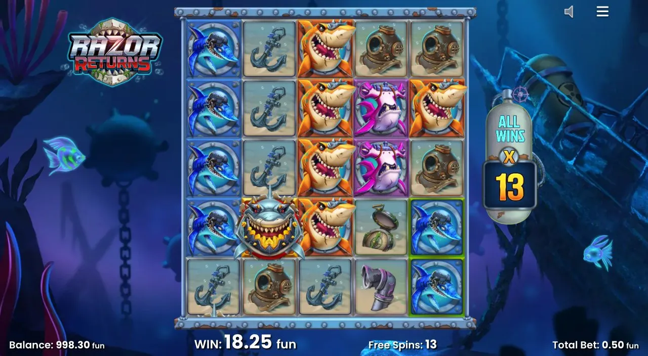 Goldener Hai auf dem Razor Returns Raster während der Freispiele