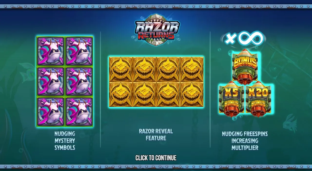 Razor Returns Demo Startbildschirm mit Nudging Mystery Symbols, Razor Reveal und Freispielen