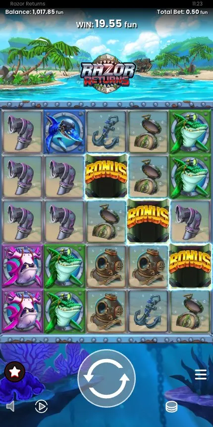Razor Returns Demo im Hochformat auf dem Smartphone mit drei Bonus-Symbolen