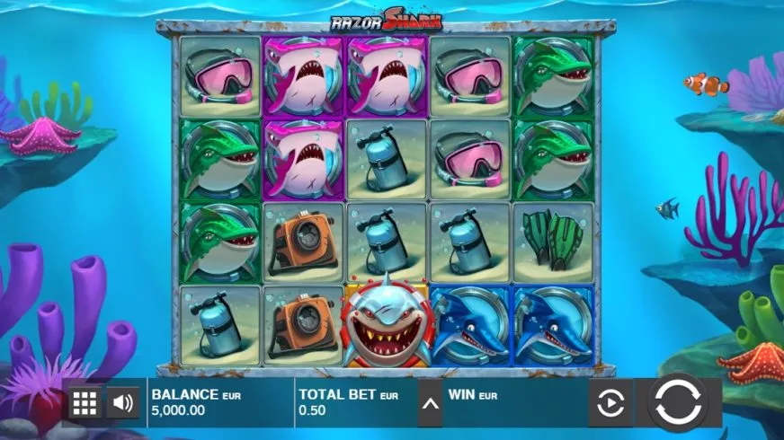 Razor Shark Basisspiel: 5 Walzen, 4 Reihen im Cartoon-Ozean